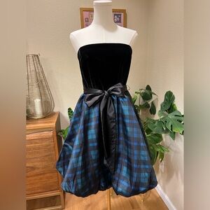 NY&CO Strapless Black Velvet and Blue Plaid Dress